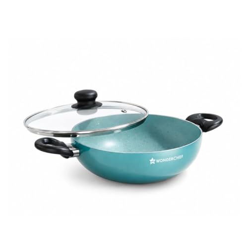 Image of Wonderchef Vitalife Non-Stick Kadhai & Glass Lid for Kitchen, 20cm, 1.4 L, Non-Toxic Coating, PFOA-Free, Cool-Touch Handles, Scratch-Resistant, Gas & Induction Compatible, 2-Yr Warranty, Teal Green