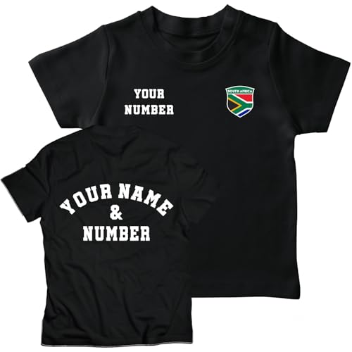 Personalised Kids South Africa 2026 Football T-Shirt Short Sleeve | Custom Name and Number | South Africa Flag Design (14-15 Years Black Multi Color)
