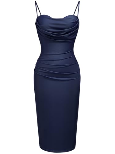Women's Summer Cowl Neck Ruched Bodycon Midi Dress with Spaghetti Straps and Built-in Bra for Cocktail Party