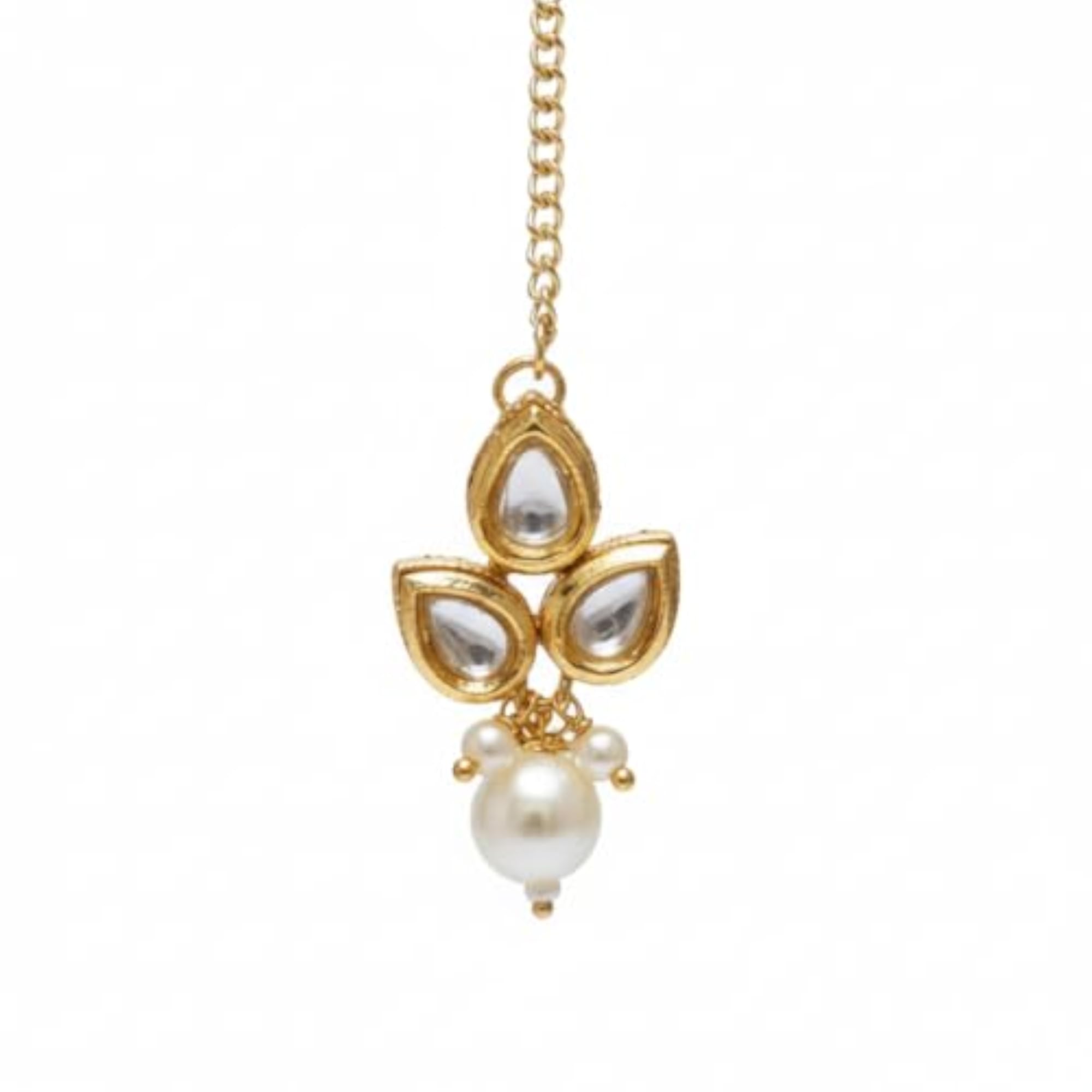 Traditional Polki Kundan Studded Maang Tikka with Pearl Drops