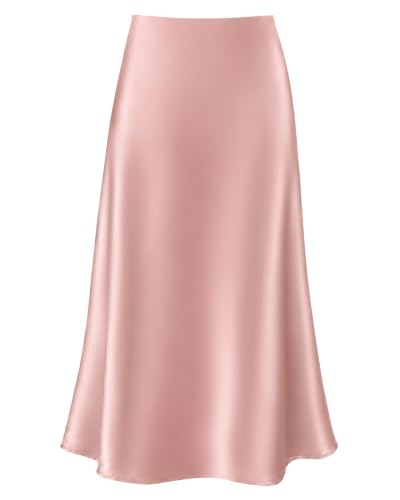 Outoshe Women's Satin Midi Skirt High Waisted A Line White Silk Long Skirts