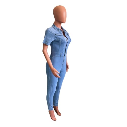 LMMYUN Women Vintage Denim Jumpsuits Trendy Short Sleeve Lapel Button Down Jean Rompers Bodycon Comfort Casual Long Pants by LMMYUN - Used condition - Image 5