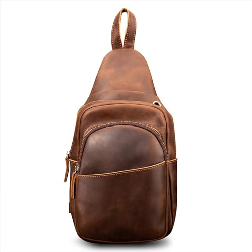 Leather Sling Bag for Men,Chest Bag Shoulder Bag Crossbody Bag Travel Hiking Daypack(Dark Brown)