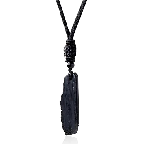 FIGCY Collier en Tourmaline Noire, pendentif naturel, pierre contre les énergies négatives, fait main avec corde en coton noir, pour hommes et femmes