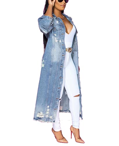 Womens Distressed Ripped Denim Trench Coat Casual Slim Button Down Washed Long Jean Jacket2