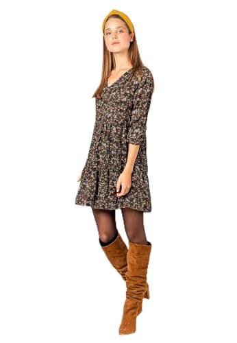 Sublevel Damen Kleid Frühling und Sommer mit Blumen-Muster Blumenkleid Langarm Green S/M
