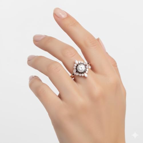 Image of 55Carat Choose Your Gemstone Round Halo Floral Engagement Ring Rose Gold Plated Round Shape Vintage Engagement Rings Everyday Jewelry Wedding Jewelry Handmade Gifts for Wife US Size 4 to 12