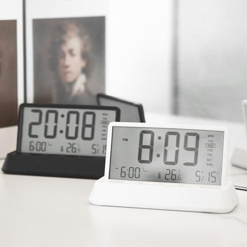 Besttoolifes Moderno reloj despertador digital LCD transparente con termómetro y calendario perpetuo para el hogar, la oficina y el dormitorio (blanco opaco) - imagen 9