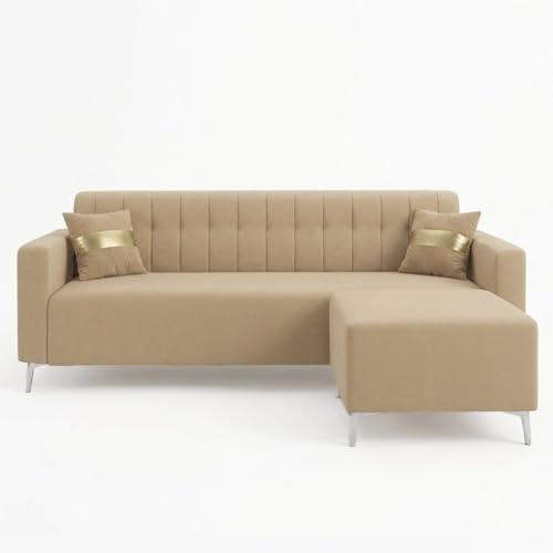 Image of FURNY Regan 4 Seater L Shape Sofa Set with Movable Ottoman | Flexible Left or Right Layout | Plush Velvet Fabric (Beige) | Perfect for Living Room, Guest Room & Office