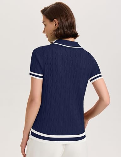 Image of Micoson Womens Short Sleeve Sweater Tops Lapel V Neck Polo Shirts 2026 Summer Cable Knit Loose Blouse Business Casual Outfits