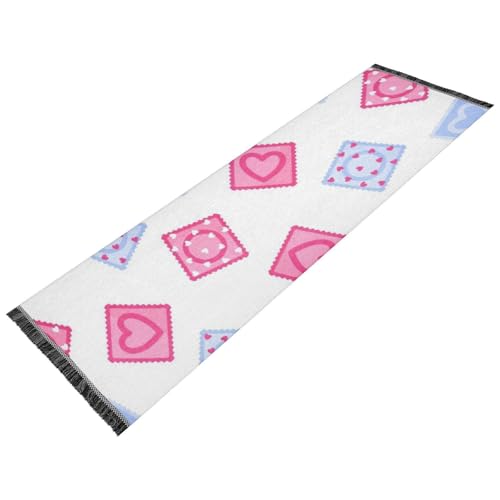 Alfombra lavable antideslizante para sala de estar, alfombra de pasillo con borlas, para pasillos, entrada, puerta, decoración del hogar, color azul melocotón, condones para el día de San Valentín