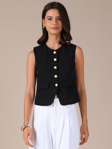 Allegra K Women's Suit Vest Crew Neck Button Down Sleeveless Blazer Jacket Work Waistcoat3