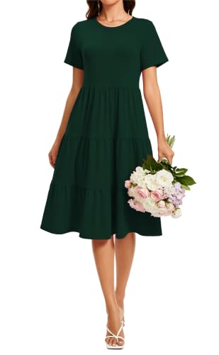 Image of Womens Summer Short Sleeve Crew Neck Midi Dress 2026 Casual Fit Flowy Tiered Beach Vacation Sundress with Pockets