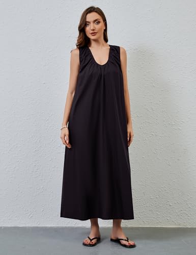 Image of MISSACTIVER Women's Sleeveless Maxi Dress Scoop Neck Ruched Long Dress with Side Pockets Wide Shoulder Elegant Blouse Dresses