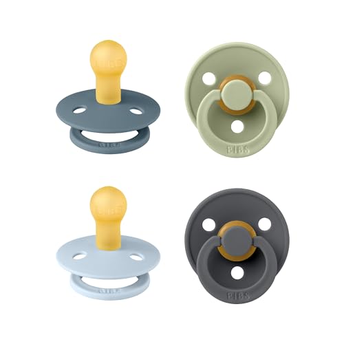 Image of BIBS Pacifiers - Colour 4-Pack | BPA Free Baby Pacifier | Round Nipple Binkies | Natural Rubber Latex Soother | Made in Denmark | Size 1 (0-6 Months) | Baby Blue Mix