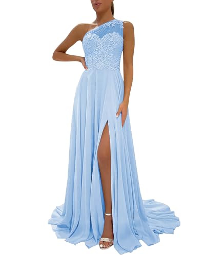 Image of LANGKAAO One Shoulder Lace Bridesmaid Dresses Long for Wedding A-Line Chiffon Slit Formal Party Gown with Pockets