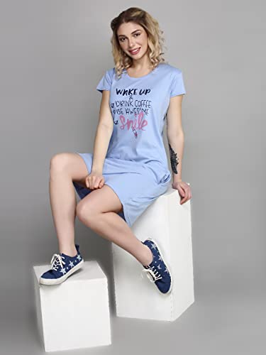 Image of Meerkat Women Short Sleeve Knee Length Cotton Knits Printed Short Nighty /Long Shirt /Midi