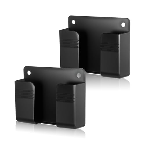 FdcLixuvol 2 Pcs Wall Mount Phone Holder Phone Stand with Self Adhesive Remote Control Storage Box with Data Cable Receiving Hole Non Slip Charger Stand Holder for Kitchen Bedroom Bathroom