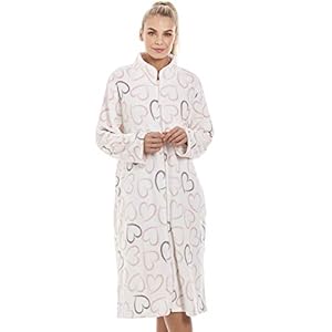 Camille Womens Bathrobe White Supersoft Fleece Housecoat Pink and Grey Heart Print Zip Up Front Lounger