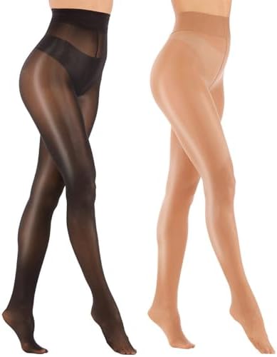 ARRUSA Super Durable Plus Size Tights, High Waist Control Top Sheer Pantyhose, Shiny Nylon Thigh High Stockings for Women