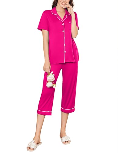 Image of Ekouaer Capri Pajamas for Women Short Sleeve Button Down Sleepwear Comfy Lounge Set 2-Piece Pants Pjs