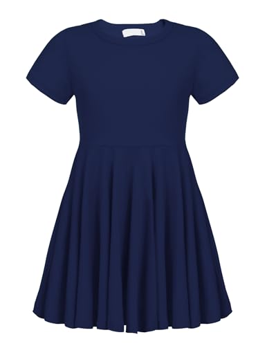 trudge Girls Summer Swing Dress A-line Short-Sleeved/Long-Sleeved Cotton Solid Color Princess T-Shirt Dresses Basic Fattern Skater Dress 3-13 Years Dark Blue