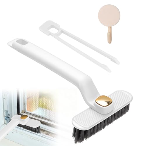 Rotating Crevice Cleaning Brush, Multi Function Crevice Brush Built-in Clamp Shovel 3 in 1 Hard Bristle Gap Cleaning Brush Cleaning Tool for Corners Bathroom Tile, 1 Hook (White)