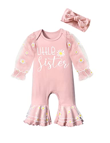 Image of WIQI baby girl clothes newborn girl romper mesh long sleeve daisy jumpsuit bell bottoms headband 2pc baby girl winter clothes