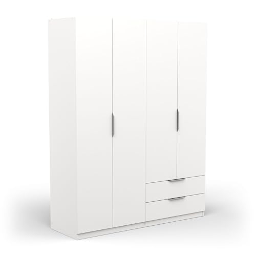 Armoire Dressing avec Penderie Moderne 4 Portes 5 Etagères 2 Tiroirs – Coloris Blanc Mat - 157,3 x 51,1 x 203 cm