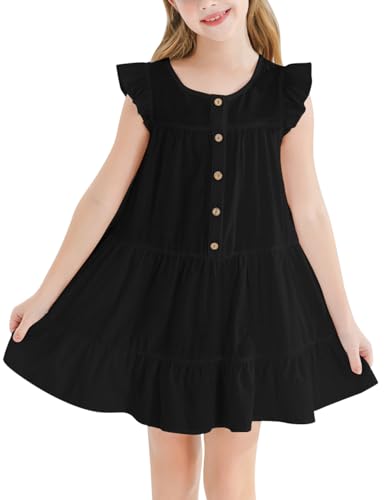 Girls Dresses Button Down Flutter Sleeve A-Line Sundress Casual Midi Dresses for 6-14 Years Kids