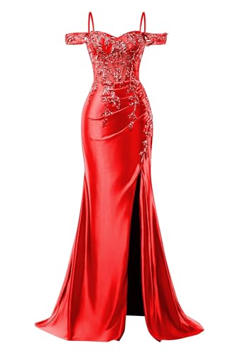 Image of Mermaid Satin Prom Dresses 2026 Lace Applique Off Shoulder Formal Evening Gown with Slit