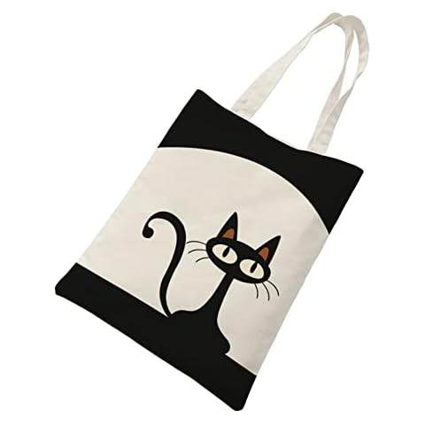Canvas Tote Bag for Women - Fangkun Reusable Grocery Bags, Printed Canvas Bag for School, Travel, and Shopping, Beige - Cartoon Cat, L Cover