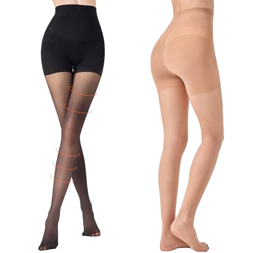 Aaronano 2 Pairs Compression Pantyhose for Women 10-15mmHg High Waist Compression Stockings 30D Shaping Tights For women