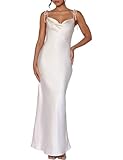UEZOU 2025 Satin Cowl Neck Spaghetti Strap Slip Maxi Dress for Women Tie Strap Formal Wedding Guest Dresses with Slit White
