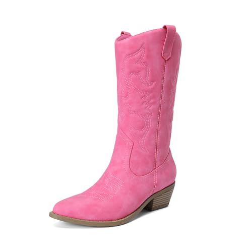 DREAM PAIRS Women's Cowboy Boots Pull On Cowgirl Boots Mid Calf Western Boots, Available in Regular and Wide Calf,Size 8,Hot Pink,SDMB2218W