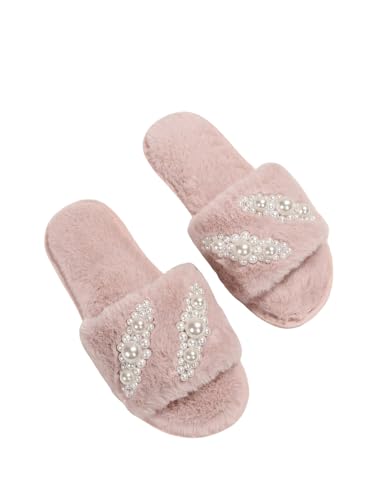 OYOANGLE Women's Faux Pearl Decor Solid Slippers Cozy Fashion Indoor Home Slippers Warm Open Toe Furry House Slipper Pink 6.5