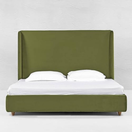 Image of Wooden Modern Upholstered Queen Size Bed for Bedroom | Wooden Double Bed Without Storage | Platform Cot Upholstered Bed with Upholstery Fabric | Engineered Wood | 6.5 x 5 Ft | Green