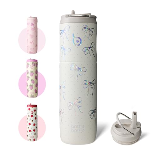 BOTTLE BOTTLE Isolierte Edelstahl Trinkflasche 750 ml mit Strohhalm, Deckel & Griff – Auslaufsicher, BPA-frei, Doppelwandig - Ideale Wasserflasche für Sport, Reisen & Fitness (Glitzer-Schleife)