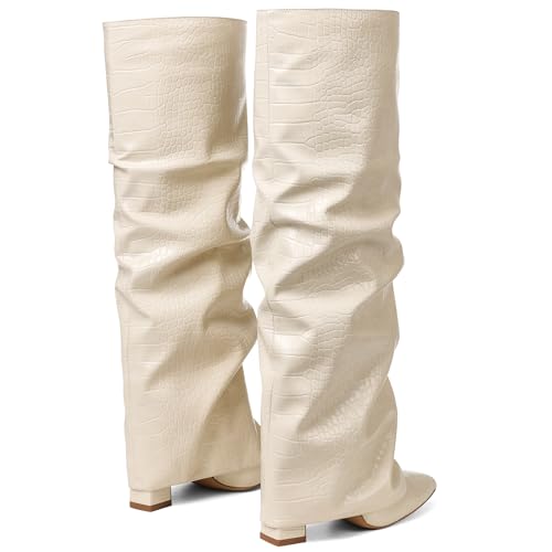 Image of SaraIris Women's Slouchy Knee High Boots - Black, Pointed Toe, Fold Over, Chunky, Shark Boots