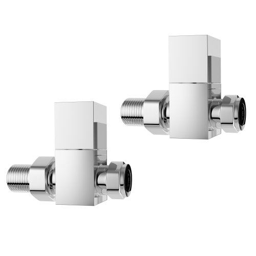 Image of iBathUK Cube Thermostatic Radiator Valve,Solid Brass,Straight Square Radiator Valve Pair, Central Heating,Tower Rail Valve- Chrome (Set of 2)