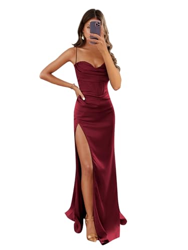 Image of Women's Mermaid Prom Dress with Slit Satin Bridesmaid Dresses Long Corset Evening Formal Party Gown