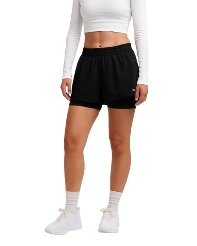 Image of Women's 2-in-1 Running Shorts | Quick-Dry Double Layer Gym Workout Shorts | Inner Compression Liner + Pockets | Lightweight Breathable Athletic Sports Shorts for Training Yoga