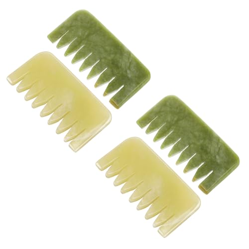 Garneck Peine de Masaje Guasha de Jade Natural, 4 Unidades (2 Amarillo, 2 Verde), Masajeador Portátil para Cuero Cabelludo, Herramienta para Relajación y Estimulación Capilar