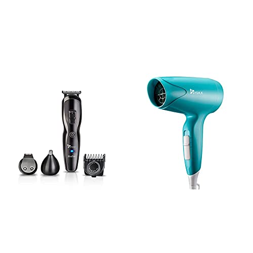 Image of SYSKA HT3333K Corded & Cordless Stainless Steel Blade Grooming Trimmer with 60 Minutes Working Time; 10 Length Settings (Black) & Syska HD1600 Trendsetter Hair Dryer (Teal)