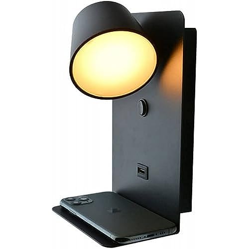BarcelonaLED Lámpara Aplique de pared LED Aluminio negro con base de carga USB, foco orientable de 6W blanco cálido 2700K e interruptor para dormitorio cabecero lectura salón
