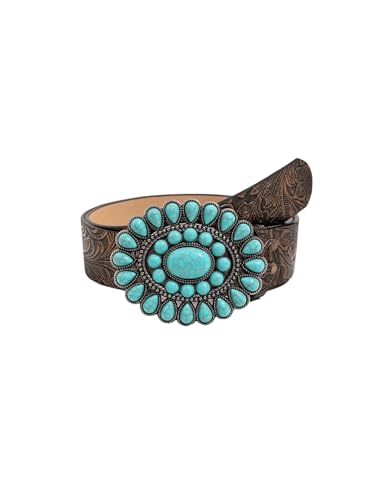 GORGLITTER Women's Western Leather Belt Vintage Turquoise Buckle Waist Belt for Dress