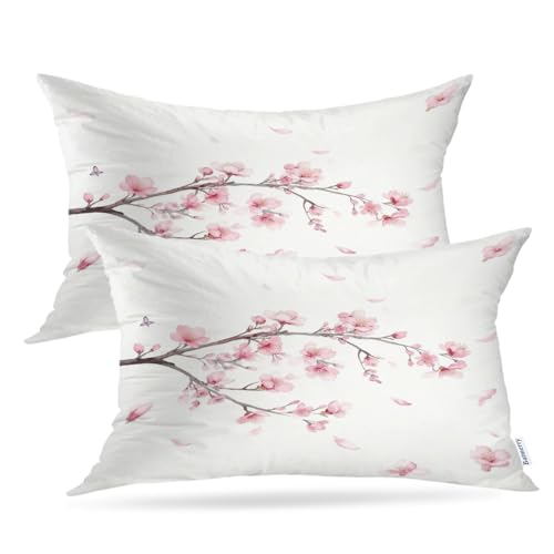 Batmerry Pink Floral Throw Pillow Covers,Pink Branch of Cherry Blossom Flowers Decorative Pillow Covers Digital Printing Blended Fabric for Couch Sofa Bed Invisible Zipper 12X20 in - image 1
