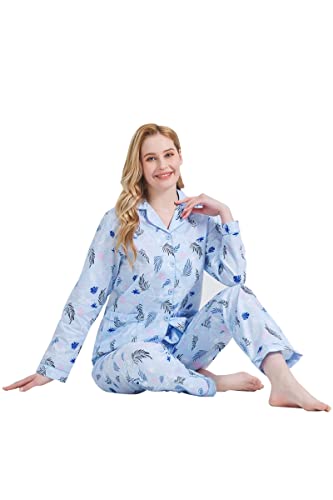 Image of GLOBAL Women Cotton Pajamas Long Sleeve PJs Button Down Sleepwear S-3XL