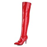 OALEEN Bottes Cuissardes Femme Hiver Vernis Sexy Haute Talon Aiguille Bout Pointu Chaussures Soirée Rouge 44