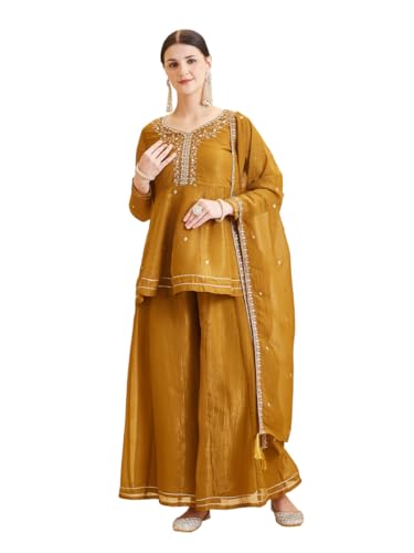 Image of MOKOSH Women's Silk Embroidery Peplum Kurta Sharara with Dupatta | Anarkali Kurta Set | Sweetheart Neck Full Sleeve Ethnic Suit | 3 Piece Outfit | Indian Kurta Outfit With Sharara